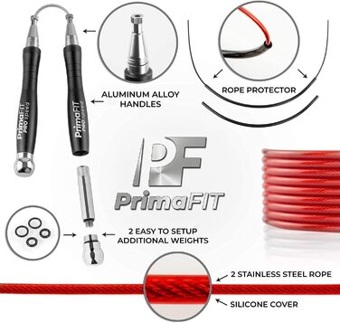 Скакалка PrimaFIT для дорослих, професійна, 3 м, зі змінними вагами, 2 підшипники, нековзні ручки, для боксу, MMA, кросфіту, сталева, чорна, з сумкою