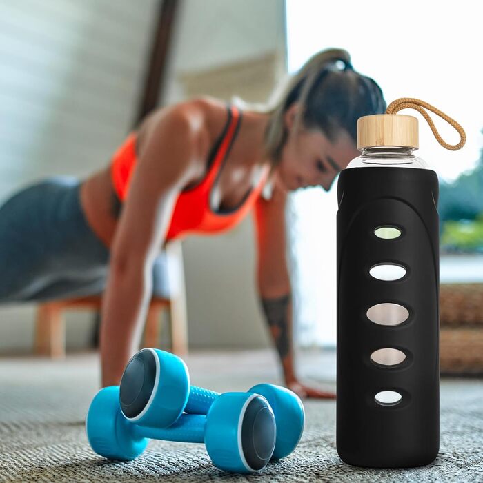 Ferexer Спортивна пляшка для води 1 л з боросилікатного скла з силіконовим чохлом і унікальною кришкою