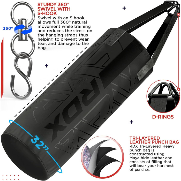 Дитячий боксерський мішок RDX, 60 см. Набір для боксу, кікбоксингу, MMA, муай-тай, карате. Боксерський мішок з натуральної шкіри Maya Hide для хлопчиків та дівчаток. Чорний боксерський мішок RDX без рукавичок