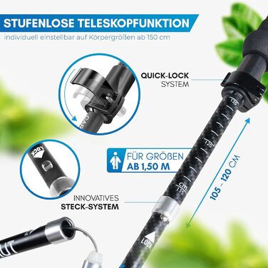 Складні трекінгові палиці NORDMUT® з карбону або алюмінію - регульована висота 1,50м/1,65м - ергономічні ручки, компактні, міцні