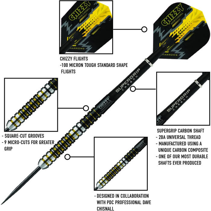 Професійні дротики Harrows Dave 'Chizzy' Chisnall 90% вольфрам, сталевий наконечник, 22 г, Supergrip Carbon, 100 мкм Chizzy Flights
