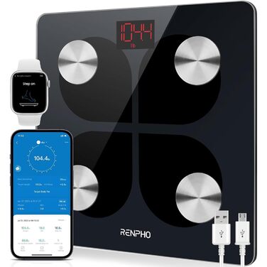 Розумні ваги RENPHO з Bluetooth, USB, аналіз складу тіла, для вимірювання жиру, ІМТ, м'язової маси, води, білка, з додатком, 280 мм