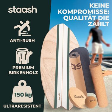 STAASH® PRO Балансборд з берези – Преміум 5-в-1 набір для балансу, фітнесу та реабілітації. Ролик + півсфера + килимок. Витримує до 150 кг. Колір: Лісовий зелений