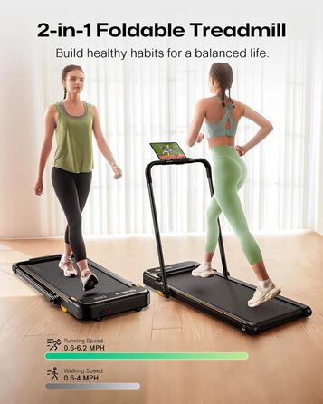 Біговий тренажер UREVO 2 в 1 з SmartCoach App, Walking pad з подвійною амортизацією, біговий доріжка з пультом керування та LED-дисплеєм, чорний та світло-жовтий, з APP