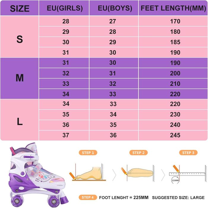Дитячі ролики Hikole, регульовані, 4 колеса, світлові ефекти, для початківців, фіолетові