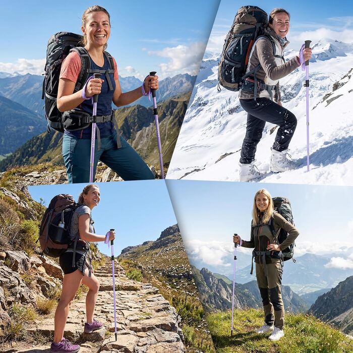 Телескопічна палиця для скандинавської ходьби Qoosea для жінок, вуглецеве волокно, складана трекінгова палиця 110-125 см з гумовим наконечником та сумкою (фіолетова)