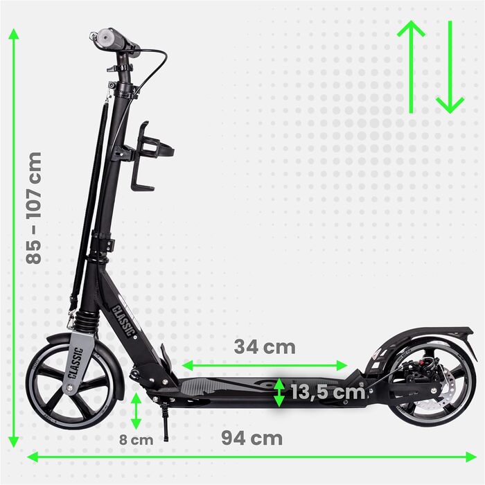 Самокат міський Bergеn City Scooter Classic складаний, 200 мм, дискове та ножне гальмо, амортизація, алюміній, регульована висота, для дітей від 6 років та дорослих до 100 кг (Сірий)
