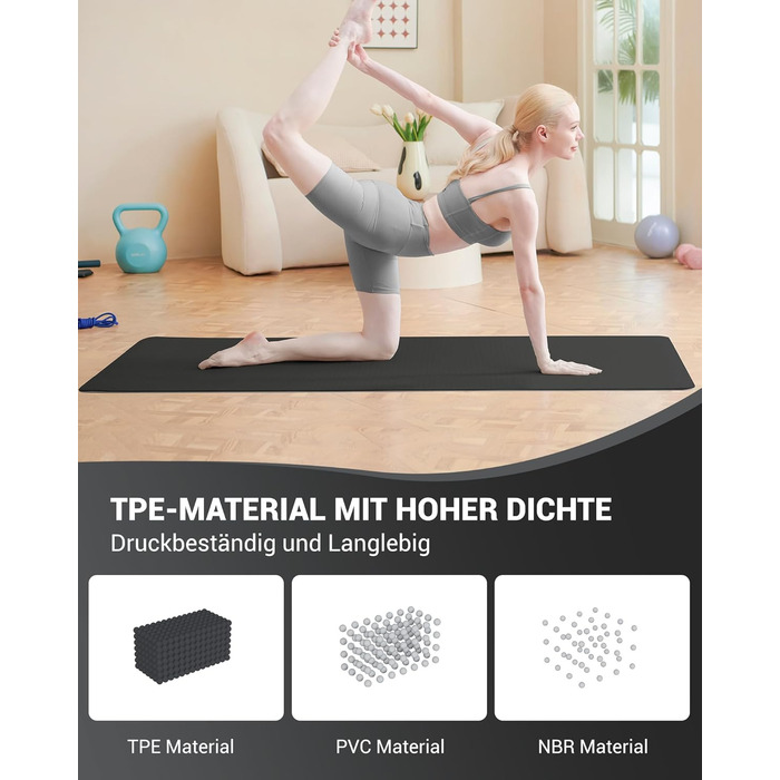 Йога мат для жінок Good Nite: неслизька поверхня, товщина 6 мм, 183x61 см, сірий/чорний, з ручкою для перенесення, TPE, для йоги, пілатесу, фітнесу