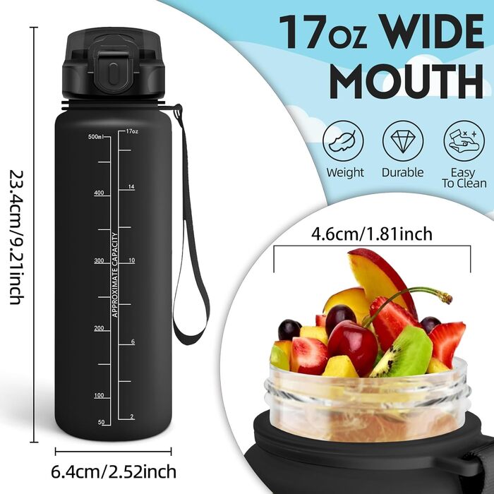 Фляга для води HoneyHolly 1л з фільтром, з маркуванням часу, для спорту, велосипеда, йоги, активного відпочинку (1л, чорний & червоний)