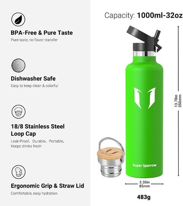 Фляга Super Sparrow з нержавіючої сталі - 350мл/500мл/620мл/750мл/1л - Термос-фляга, без BPA, для дітей, спорту, школи, фітнесу - з 2 кришками