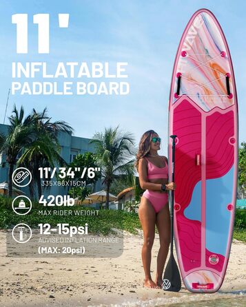 SUP-дошка надувна Hiwave Breeze Pink 335x86x15 см, вантажопідйомність 190 кг, для океану та озера, з 3-частинним регульованим веслом