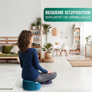 Йога подушка для медитації – Кругла подушка для йоги з наповнювачем з лушпини гречаної – Діаметр 30 см, висота 23 см, змивний оксамитовий чохол (Petrol)