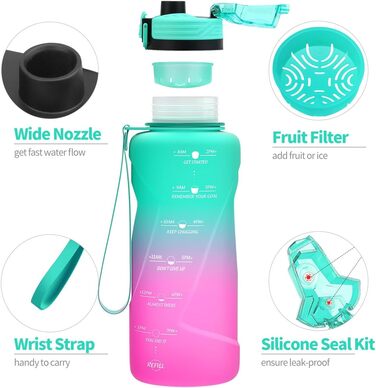 Дитяча спортивна пляшка для води 2л, 1.5л, 1л, 700мл, 500мл. Без витоку, з маркуванням часу. BPA Free Tritan для дівчаток та хлопчиків, школи, спортзалу. Смарагдово-фіолетовий колір.