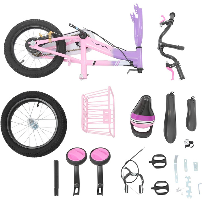 Дитяче велосипед 14 дюймів для хлопчиків та дівчаток з додатковими колесами та кошиком, від 3 років, з двома гальмами, регульоване сидіння та кермо, фіолетовий