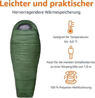 Сплячий мішок Amazon Basics для холодного клімату, для кемпінгу та піших прогулянок, легкий, мумієподібний, оливковий