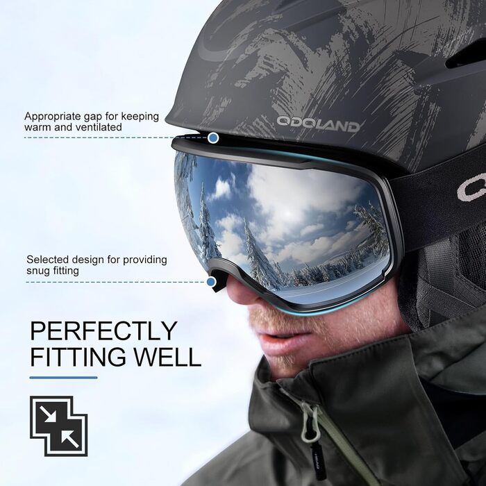 Шолом для лижного спорту та сноуборду Odoland з маскою, регульований, для чоловіків, жінок та підлітків, розмір L (60-61 см), колір: чорний