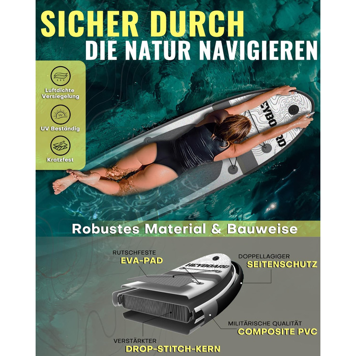 Надувна SUP-дошка HEYBOARD 320x81x15 см з аксесуарами: рюкзак, регульоване весло, ручний насос, страхувальний шнур, знімний плавник