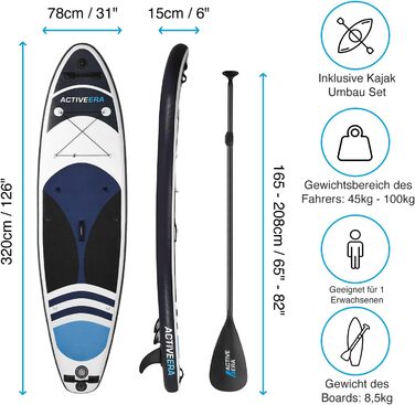 Надувне SUP-борд Active Era Stand Up Paddle Board з сидінням, комплект з регульованим веслом, насосом, рюкзаком та кріпленням для камери, 6 дюймів, 320x78x15 см, до 130 кг, блакитний