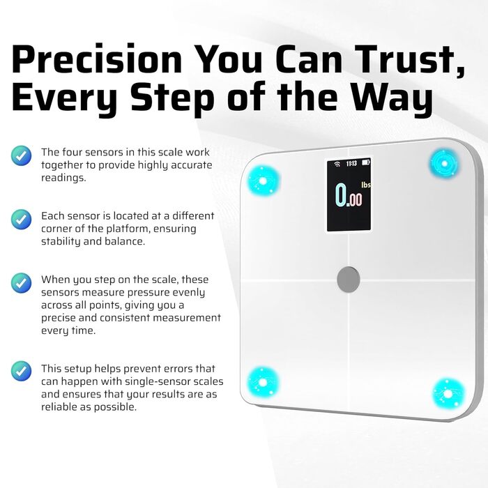 Розумні ваги Body Smart: Bluetooth/Wi-Fi, аналіз складу тіла (жир, м'язи, BMI), вага немовлят, TFT-LCD, до 25 показників, до 180 кг, білі