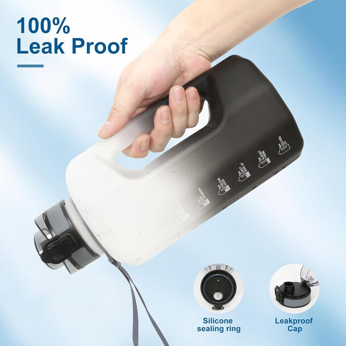 Спортивна пляшка для води GEMFUL 2.2L з ручкою та позначками часу - ідеальна для фітнесу та повсякденного використання (Чорний/Білий)