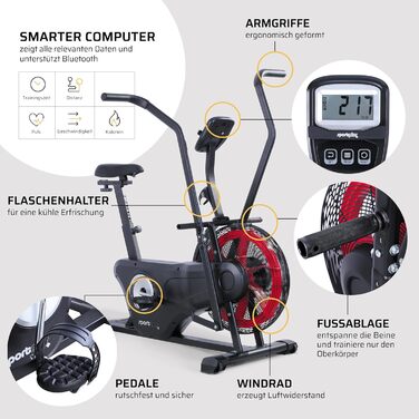 Велотренажер SportPlus Profi Air Bike з повітряним опором, HIIT, до 135 кг, чорний/червоний, сумісний із додатком, домашній фітнес