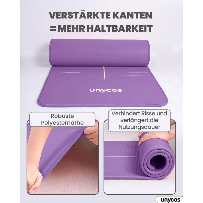 Килимок для йоги Unycos: антиковзаюча поверхня, висока щільність 6/10/15 мм, з сумкою, для пілатесу та фітнесу, колір ліловий, розмір 183*66*1 см.