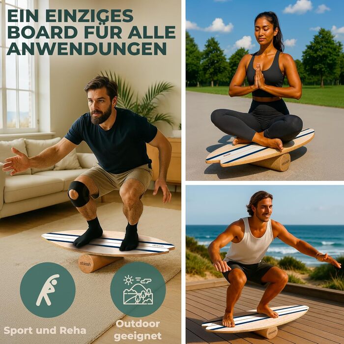 STAASH® PRO Балансборд з берези – Преміум 5-в-1 набір для балансу, фітнесу та реабілітації. Ролик + півсфера + килимок. Макс. вага 150 кг, Колір: Морська хвиля