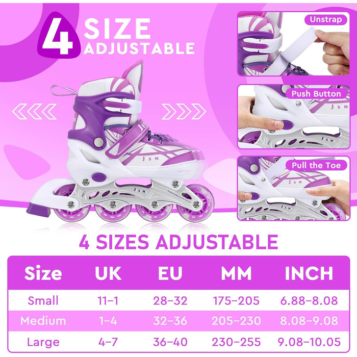 Дитячі ролики для дівчаток, регульовані, Inliner, ролики для катання в приміщенні та на вулиці, фіолетовий (EU 36-40)