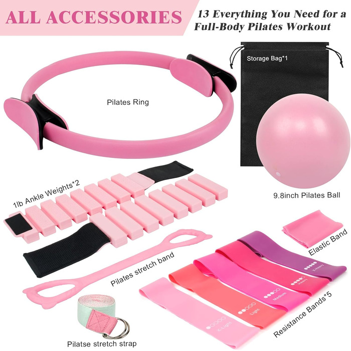 Комплект для пілатесу для жінок Home Pilates Essentials Kit 13-в-1: кільце, м'яч, 5 гумок опору TPE, утяжелители для щиколоток, еспандер-вісімка, стрічка для розтяжки та водонепроникна сумка (13 предметів)
