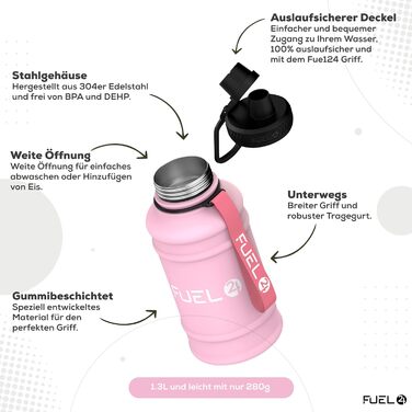 Fuel24 потужна пляшка для води з нержавіючої сталі 1.3 л, рожевого кольору, герметична, BPA-free, для спортзалу та фітнесу, металева фляга для дорослих