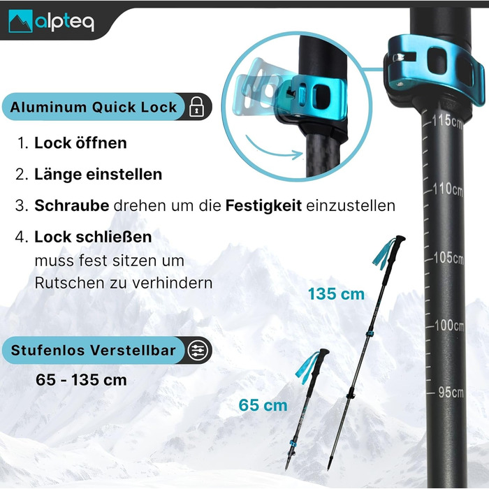 Телескопічні трекінгові палиці з карбону та алюмінію для скандинавської ходьби, регульовані 65–135 см, ергономічні, сині
