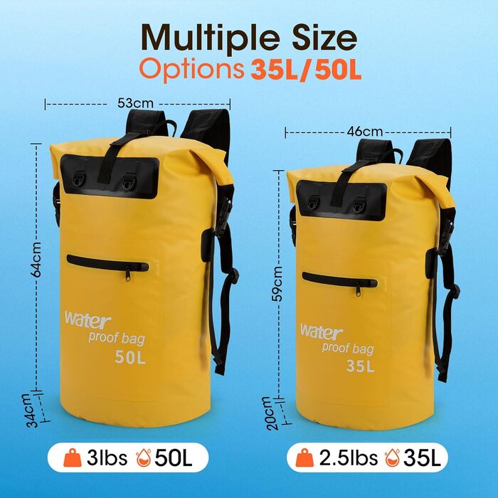 Водонепроникний рюкзак WELDUN 50L з IPX8 захистом для каякінгу, кемпінгу та водних видів спорту (Жовтий)