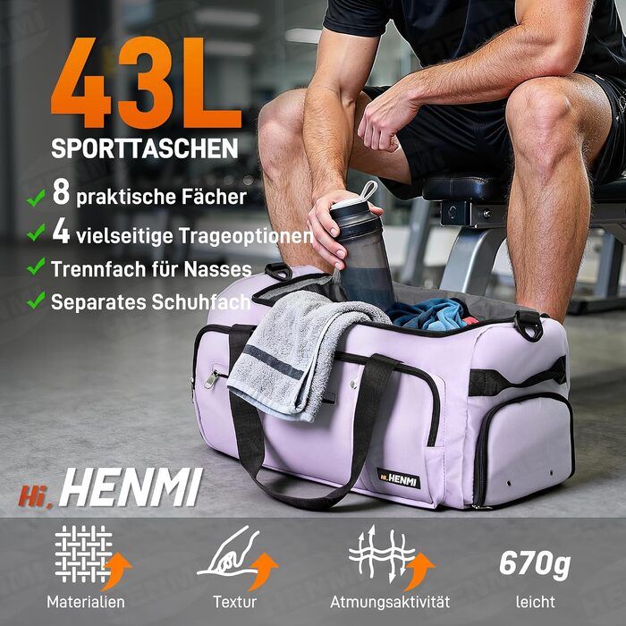Спортивна сумка для подорожей HENMI 43L, універсальна дорожня сумка для чоловіків та жінок (Фіолетова)