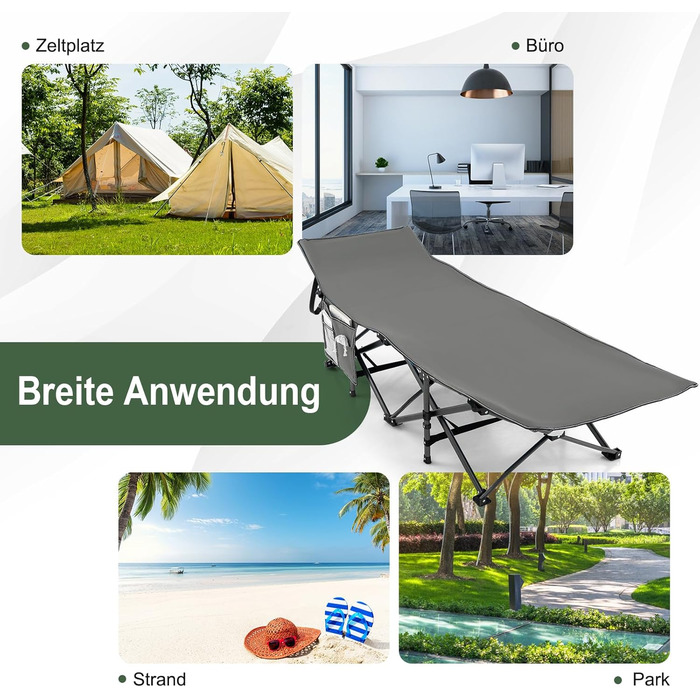 Розкладне ліжко SOARS для кемпінгу та відпочинку: стабільне металеве ліжко з кишенею та сумкою, до 272 кг, для відпочинку на природі та вдома, зелений (сірий)