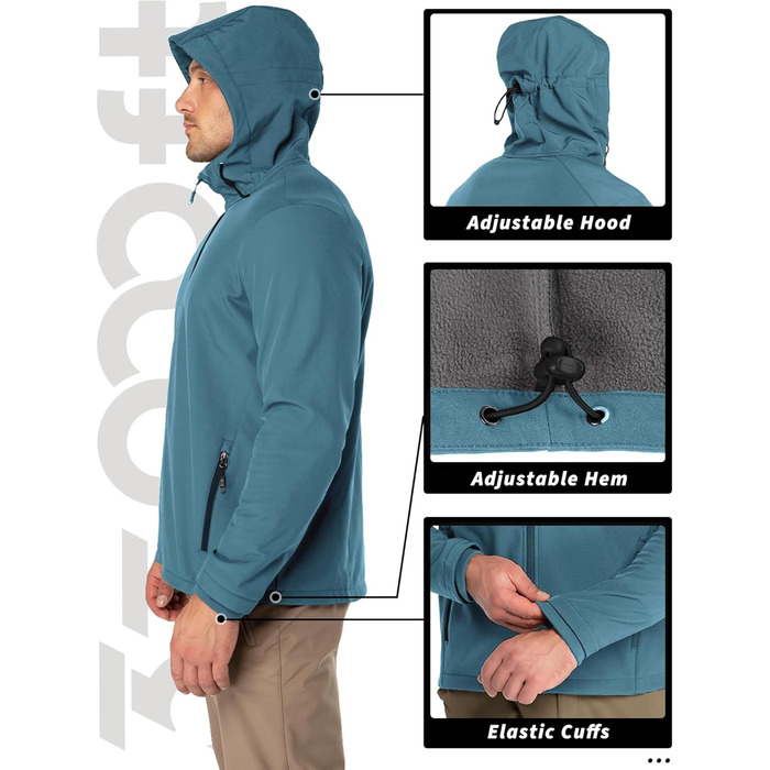 Чоловіча водонепроникна вітровка-софтшелл Jacke Herren 4XL блакитна. Куртка для туризму та активного відпочинку з капюшоном