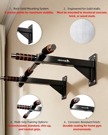 Кімнатна турнік Abahub для стіни, багатохватки, підтягування, для дому, чорний, помаранчевий, витримує 200 кг