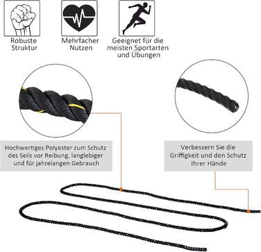 Тренажерська мотузка HOMCOM для силових тренувань, Ø38 мм, 9 м, чорно-жовта