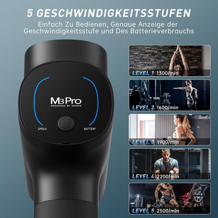 Масажний пістолет OPOVE M3 Pro 2, 2500 об/хв, 2600 мА·год, 5 режимів, LED-дисплей, 12 мм амплітуда, для зняття м'язового болю, чорний