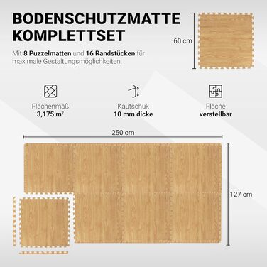 Набір захисних пазл-матів для підлоги MSPORTS Premium (8 шт, 3.2 м²) — протиковзаючий килимок для йоги, фітнесу та тренувань у домашньому залі, дизайн під світле дерево