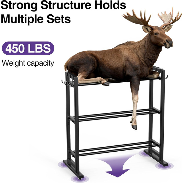 Регульована трирівнева стійка для гантелей Niffgaff з подовженим дном та бічними гачками, міцна, вантажопідйомність 204 кг, для домашньої тренажерної зали (лише стійка)