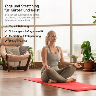 Фітнес-килимок MSPORTS Premium для йоги та гімнастики, 190 x 60 x 1,5 см, рубіновий червоний — гіпоалергенний, без фталатів, з ременем для перенесення та додатковими аксесуарами