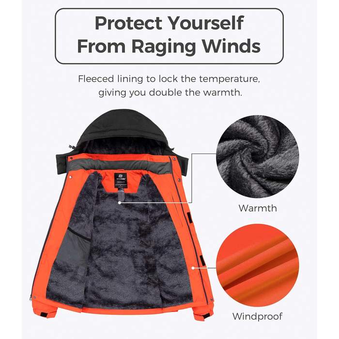 Чоловіча гірськолижна куртка Wantdo - тепла флісова, водонепроникна, дихаюча, з капюшоном, вітрозахисна, для активного відпочинку (Помаранчевий, M)