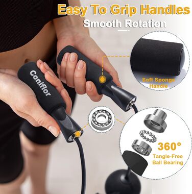 Стрибкова скакалка Coniflor 2-в-1 для жінок, чоловіків та дітей - без перекручування, з підшипниками та зручними ручками для швидких фітнес-тренувань, чорна