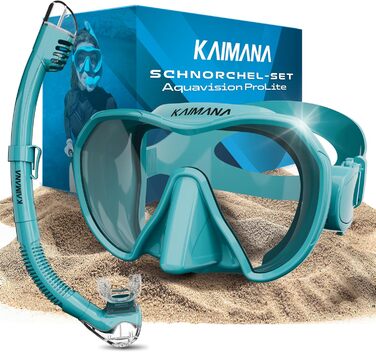 KAIMANA AquaVision Prolite набір для снорклінгу для дорослих з чохлом, зручна силіконова маска для плавання, альтернатива сноркл-масці, тканинний/силіконовий ремінець, бірюзова