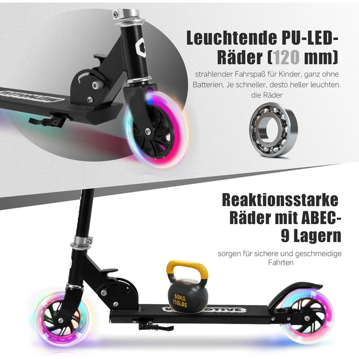 Самокат дитячий Roller 2-колісний, складаний, з LED підсвіткою коліс, регульована висота, чорний, для хлопчиків та дівчаток 3-12 років