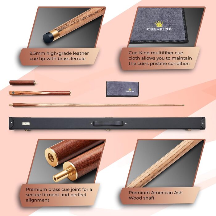 Cue-King Premier 400: Більярдний кий преміум-класу, ручної роботи, 144.8 см, 510 г, 3/4 з чохлом, з деревом Zebra, Hardcase, подовжувач, мікрофібровий рушник для кия, снукерний/пульний кий