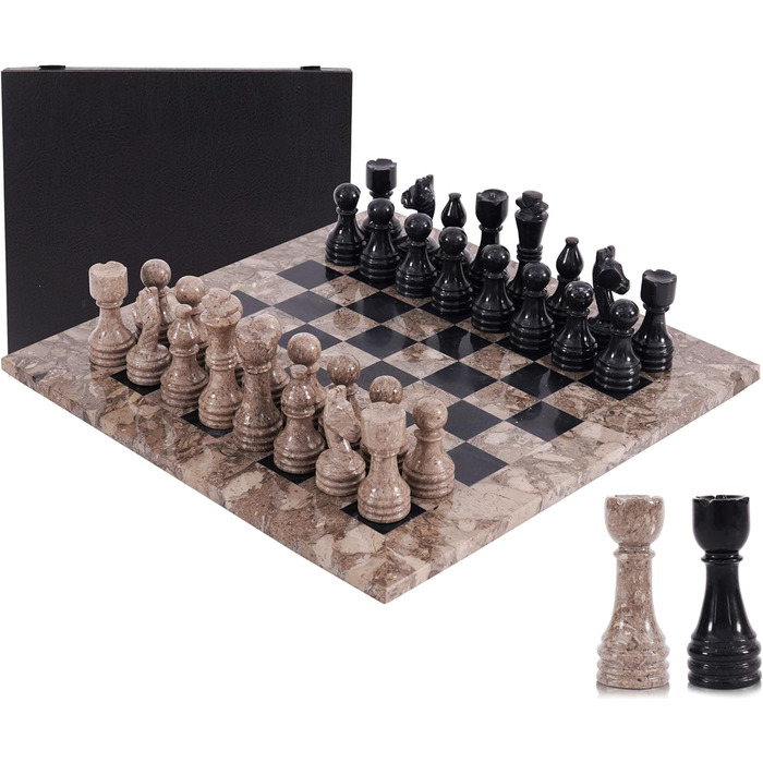 Шаховий набір з мармуру для дорослих, ручної роботи, чорний та океанічний, 32 фігури, 2 додаткові королеви, коробка для зберігання, розкішна подорожна гра, елегантний подарунок для дому