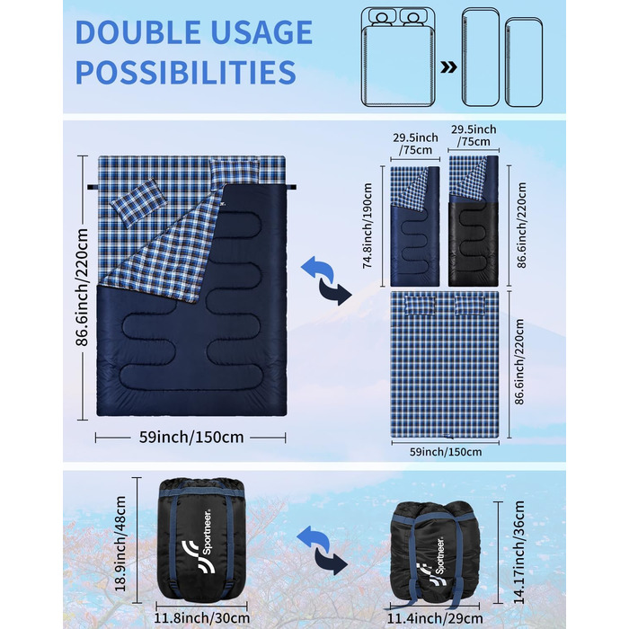 Спальний мішок Outdoor Sportneer для 2 осіб, 3 сезони, 220x150 см, 2.75 кг з подушками, дорослий, блакитний