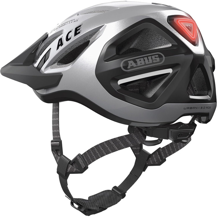 ABUS Stadthelm Urban-I 3.0 ACE: спортивний шолом для велосипеда з LED-ліхтариком, подовженим козирком та магнітною застібкою, для жінок та чоловіків, сріблястий (gleam silver), L (56-61 см)