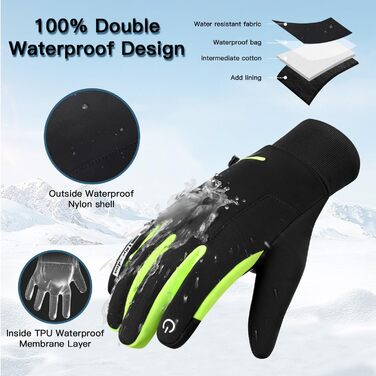 Водонепроникні зимові рукавички KynciLOR для чоловіків та жінок, рукавички для мотоцикла, гірськолижного спорту, бігу, з сенсорним екраном, неслизьке силіконове покриття, теплі рукавички, зелені